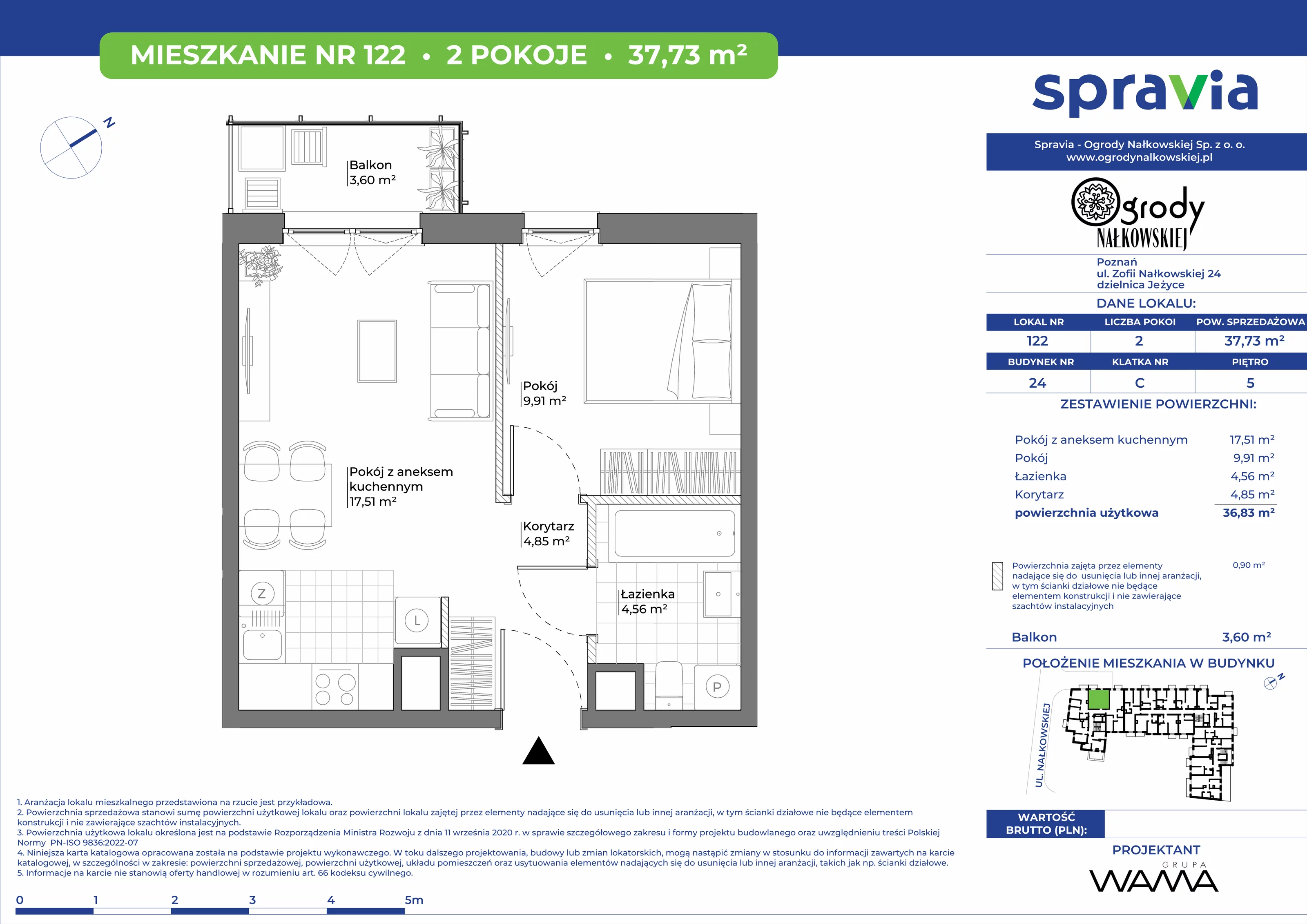 2 pokoje, mieszkanie 37,73 m², piętro 5, oferta nr 24-122, Ogrody Nałkowskiej, Poznań, Ogrody, ul. Nałkowskiej 24, 26